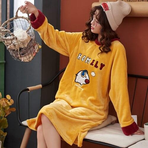 Nightgown Flannel Thick Nightgown Female Leisurewear Yellow Winter Pajamas Set