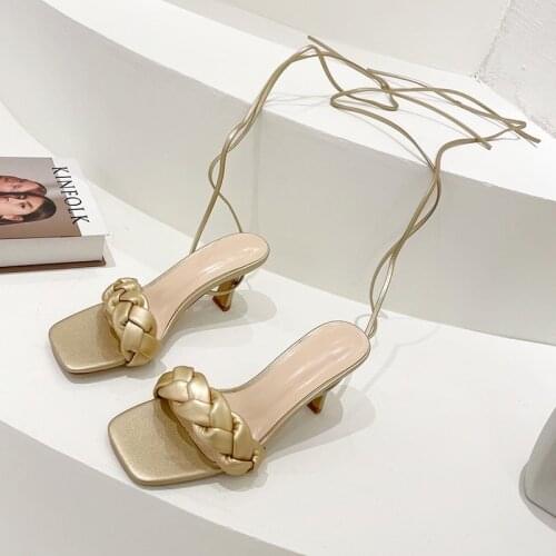 Kcenid 2021 New Fashion Weave Women Slippers Ladies Thin Heels Sandals Open Toe Summer Outdoor Slides Flip Flop Shoes Women Pink