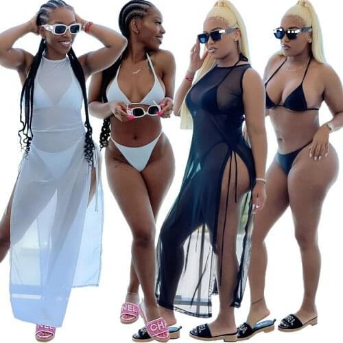 New 3PCS/SET Beachwear sexy women Bikini set+Mesh split Beach Dress swimwear cover ups set