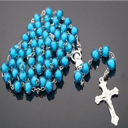Christ Jesus cross necklace. Plastic square double beads rosary necklace. Christ Jesus Cross Necklace 8mm