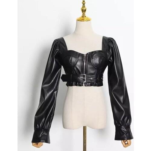 Sexy Tube Top V-neck Hollow-out Leaking Back Strap PU Leather Super Short Jacket Ladies Personality Cropped PU Jacket
