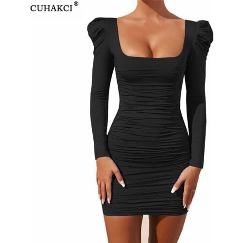 CUHAKCI Wrap Ruched Mini Club Party Bodycon Square Neck Puff Sleeve Sexy Dress For Women Solid Basic Slim Backless Clothes