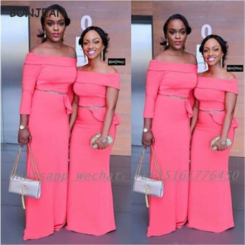 Coral Bridesmaid Dresses Long Sleeves 2021 Mermaid Elastic Satin Sleeveless African Bridesmaid Dress Plus Size for Women Wedding