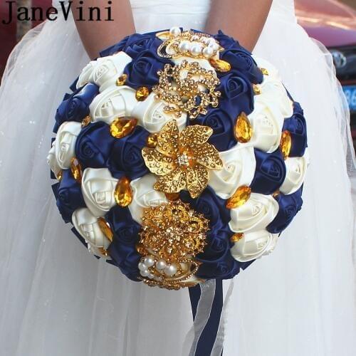 JaneVini Luxury Satin Rose Flowers Bouquet Brides Navy Blue Wedding Bouquet With Gold Crystal Diamond Artificial Bridal Bouquet