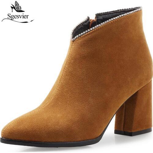 Sgesvier 2019 Women Shoes Square High Heels Pointed Toe Autumn Winter Boots Ankle Boots Zip Fashion Woman Shoes Size 32-47 OX695