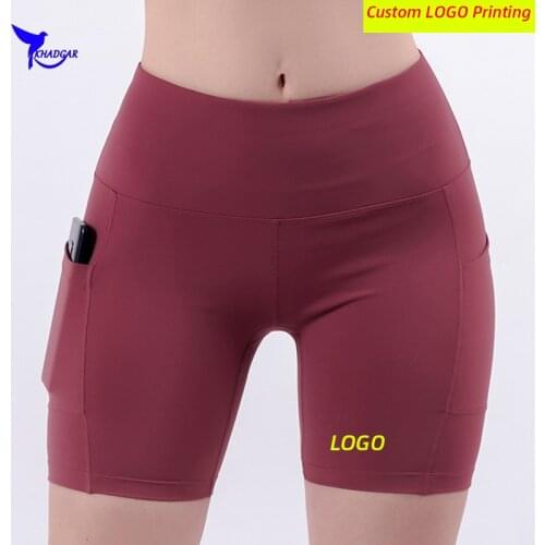 Custom LOGO High Waist Women Running Tights with Pocket Quick Dry Gym Yoga Shorts Compression Short Pants Sport Fitness Leggings