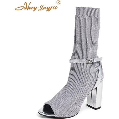 Nila Silver Strap Woman Ankle Boots Grey Knitting Ladies Botas Female Shoes Super High Heels Peep Toe Block Chunky Size 45 46 41