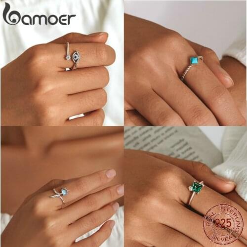 Bamoer 925 Sterling Silver Green Square Gemstone Open Ring Demon Eye Crystal Moonstone Fox Ring for Women Geometric Turquoise