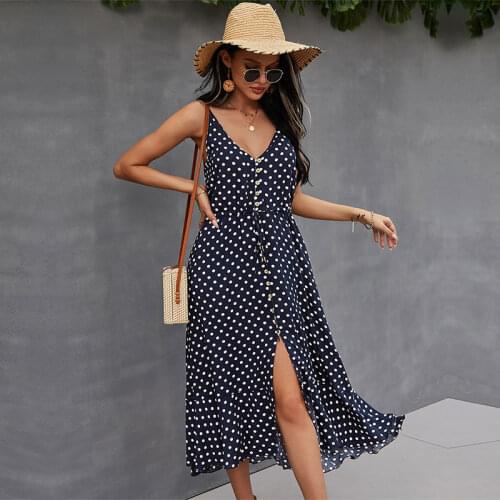 2021 Spring New Polka Dot Spaghetti Strap Dress Women Casual V Neck Holiday Style Bandage Ladies High Wasit Summer Dresses