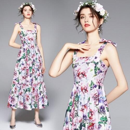 2021 Summer Charming Floral Printed Holiday Beach Dress Womens Spaghetti Strap Backless Elegant Boho Pleated Dress