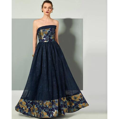 Tanpell Strapless Evening Dress Sleeveless Printed Finished Fabric Women Prom Party Gown Floor-LengthA-Line Evening Dress