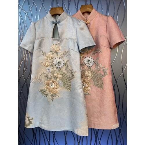 Sweet Pink Blue Dress 2021 High Quality Designer Fashion Women Vintage Jacquard Print Embroidery Qipao Dress Vestidos Festa