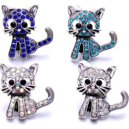 10pcs/lot New 18MM Snap Jewelry Crystal Rhinestone Animal Cat 18mm Snap Buttons Fit DIYLeather Silver Snap Bracelet Necklace