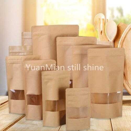 100pcs Kraft Paper Bag Zip Lock Bag with Window Food Packaging Tea Packaigng Bag Stand Up Pouches Zipper Sachet Kraft Bag