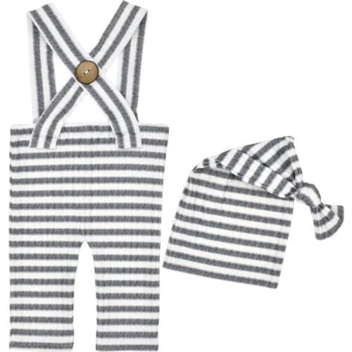 97BC 2 Pcs Baby Stripe Romper Long Tail Knotted Hat Set Newborn Photography Props Strap Pants Cap for Infants Photo Shooting