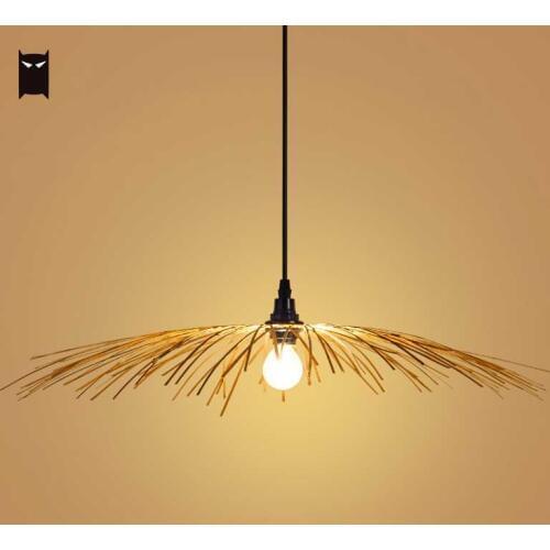 Bamboo Wicker Rattan Cap Pendant Light Fixture Rustic Asian Art Deco Hanging Ceiling Lamp Suspendu for Restaurant Dining Room