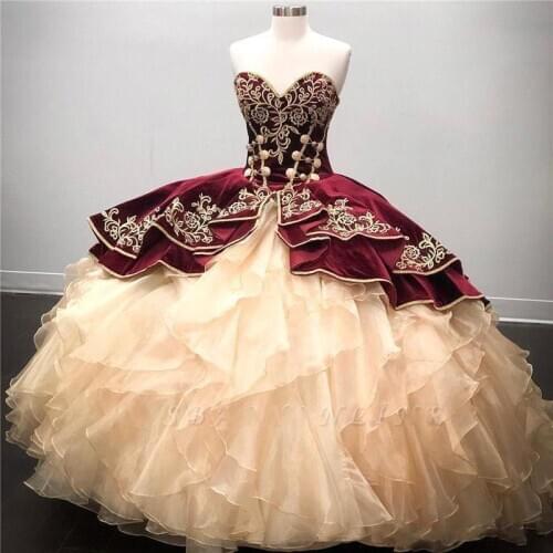 Embroidery Burgundy velvet Ball Gown Quinceanera Dresses 2021 Sweetheart Lace-up Back Puffy vestidos de 15 años Party Gowns
