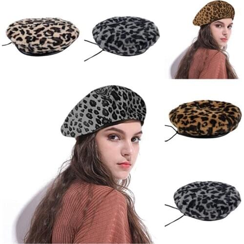 Beanie Women Wool Leopard Print Beret Female Print Cap Retro Plain Berets solid color leopard print elegant ladies winter cap
