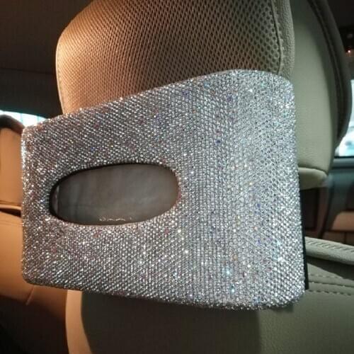 Sparkly Car Tissue Box with White Crystals Headrest Seat Back Hanging Tissue Box Great Gift for Women Car Interior Accessories