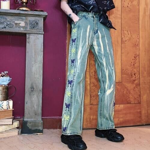 Work clothes National Fashion Black Butterfly Green Tie Dye jeans men and women BF loose heavy duty wash casual jean