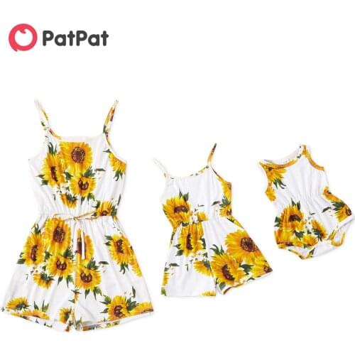 PatPat Sunflower and Daisy Print Matching Black Sling Shorts Rompers