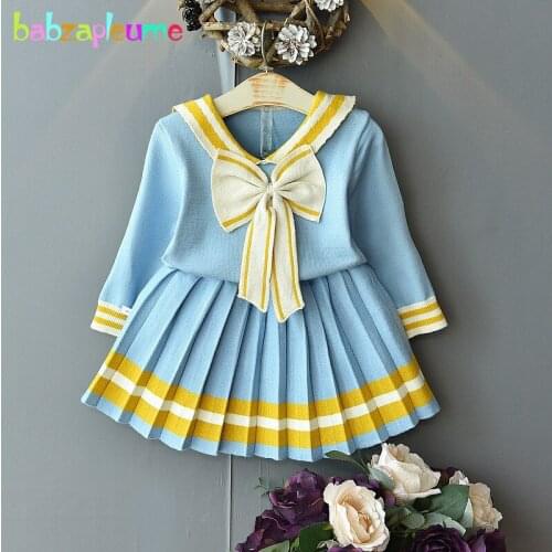 2Piece Spring Fall Toddler Little Girls Boutique Outfits Cute Bow V-Neck Baby Knitted Sweater+Skirt Children Clothing Set 1997