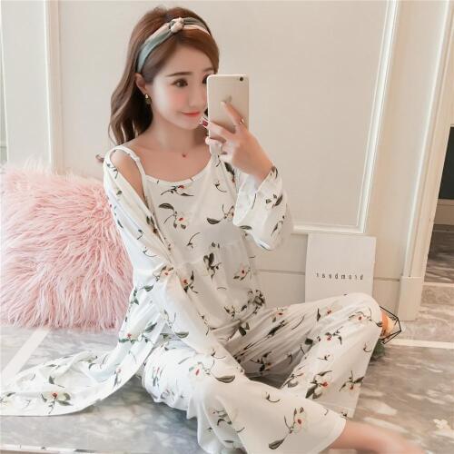 3pcs One Lot Pajama Sets For Women Womens Pyjamas Sleepwear Pijama women Cardigan+Camisole+Long Pants Summer Leisure wear