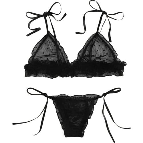 Lace Hollow Out Lady Underwear Set Sexy Dot Mesh Breathable Female Brief Sets Bandage Thong Fashion Cozy Safety Woman Underwear