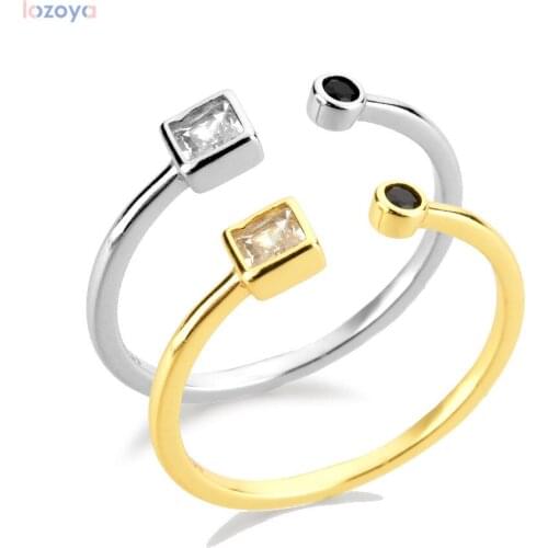 LOZOYA 100% 925 Sterling Luxury Wedding Silver Special Gold Black Clear Open Resizable Adjustable Rings Women Gift For Party