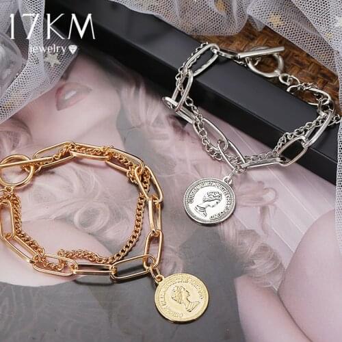 17KM Punk Gold Multilayer Chain Bracelet Retro Vintage Silver Color Heart Cross Coin Pendant Chain Bracelets Gifts Jewelry