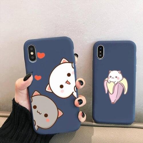 Couple Lovely Gray Cat Phone Case for iPhone 12 mini 11 Pro XS MAX X XR 7 8 6 Plus Candy Color blue Soft Silicone Cover