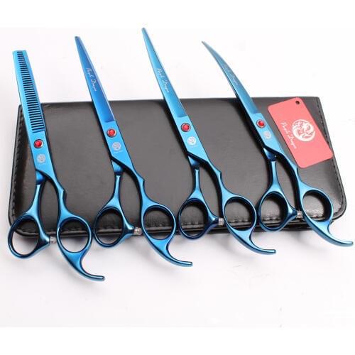 Z3003 4Pcs Set 7'' Blue Color Pets Hair Suit Cutting Shears + Thinning Scissors + Professional Dogs Cats Up/Down Curved Shears