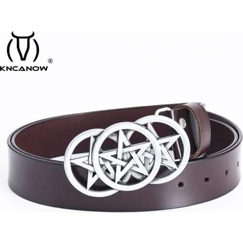 Cowhide Genuine Leather Belts For Men Cowboy Luxury Celtic Star Buckle Soft Tough Designer Retro Fancy Jeans Gift Male Strap
