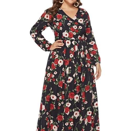 2021 Autumn New Large Size Womens Long Sleeve Printed Pullover Sexy Long V-neck Dress Plus Size Bridesmaid Dress Women Dress