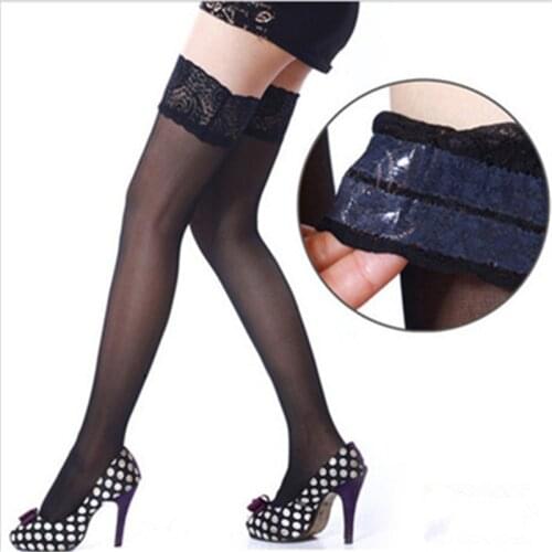 New Punk Maid Sexy Heel Back Sheer Stockings Wide Lace up Hold Up Silicone 16cm Floral Top Thigh High Cross Bandage Stockings