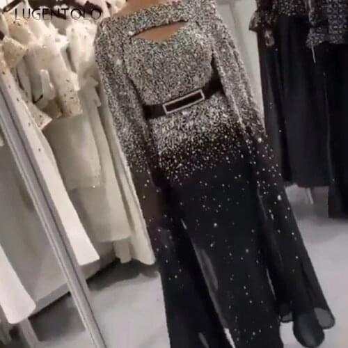 Party Dress Women Elegant Sequin Dresses Spring Autumn Embroidery Sexy Cloak Sleeve Ladies Dinner Big Swing Long Dress Lugentolo