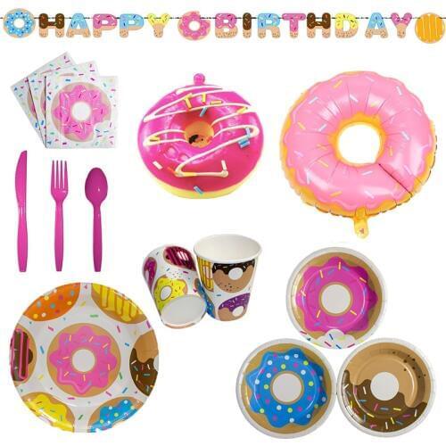 Donuts Doughnut Happy Birthday Party Set Decoration Paper Plate Cup Towel Tableware Knife Fork Spoon Pull Flag