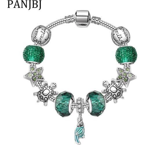 Silver Plated Bead Alloy Bracelet Green Animal Parrot Turtle Snake Chain Basic Charm Bracelet For Fashion Women DIY Jewelry Gift