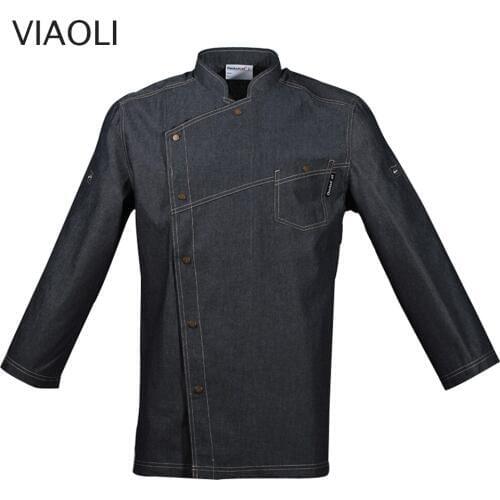 New Unisex Casual Blue Denim Fabric Chef Jackets Long Sleeve Kitchen Catering Restaurant Food Serive Hotel Uniform Chef Clothes