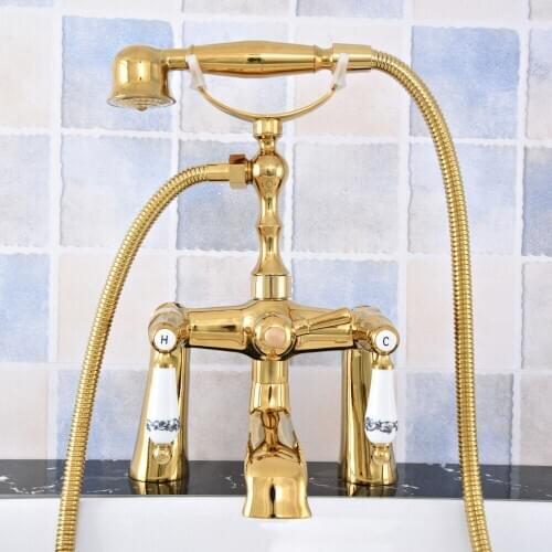 Luxury Gold Color Brass Deck Mounted Bathroom Tub Faucet Dual Handles Telephone Style Hand Shower Clawfoot Tub Filler atf780