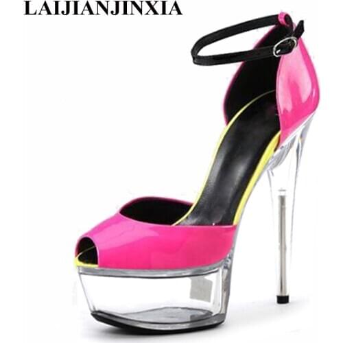 New 15cm high heel pumps with thin straps, platform girls' ultra high heel sandals, transparent stilettos Dance Shoes