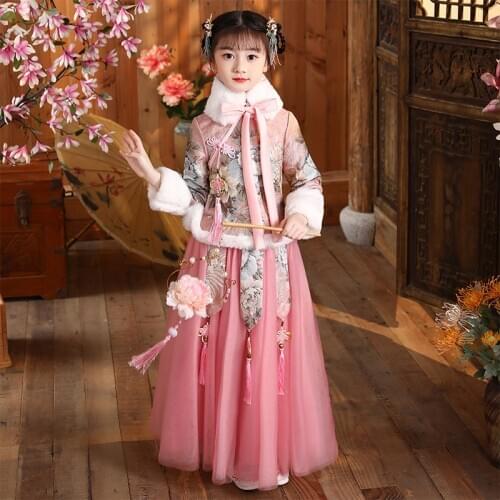 Thickening Girls Birthday Party Dress Flower Girl Wedding Gown Formal Kids Dresses Girls Chinese Hanfu Chinese New Years Dress