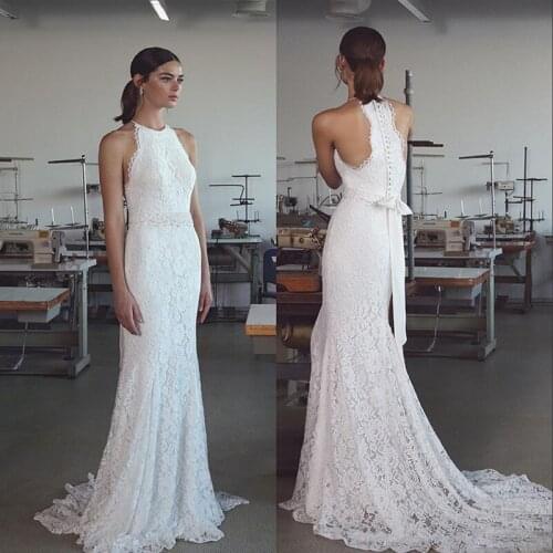 Vintage 2019 Lihi Hod Mermaid Wedding Dresses with Halter Neck Sweep Train Fully Classy Elegant Lace Trumpet Beach Bridal Gowns
