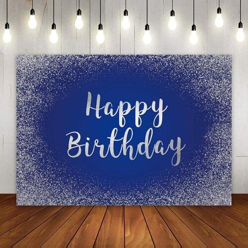 Royal Blue and Silver Happy Birthday Party Background Adults Mans Boys Glitter Photography Backdrop Table Banner Wall Decoration