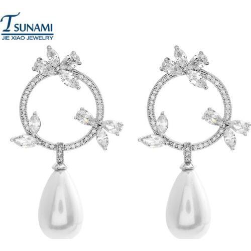 Luxurious plants AAA zircon earrings Female wedding pearl white zircon earrings ER041