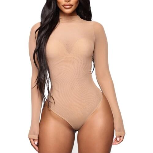 Women Lace Bodysuit Long Sleeve Mesh Patchwork Black Romper Sexy Bodysuit Mesh Celebrity Winter Women Streetwear Outfits#G8