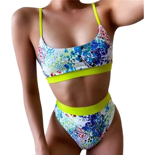 Women Fashion Graffiti Printing Bikini Set Crop Tank Tops With Bottom Blocking Color Swimsuit For Women High Waist Bikini 2021