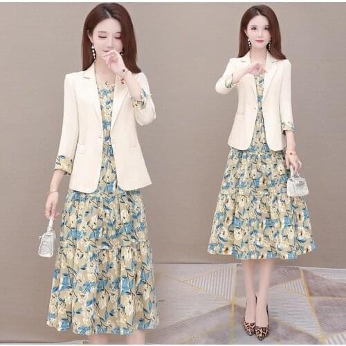 Dress Suits Spring Autumn Office Lady Two Piece Sets Women Outfit Fashion 3/4 Sleeve Blazer + Sleeveless Print Long Dresses X337