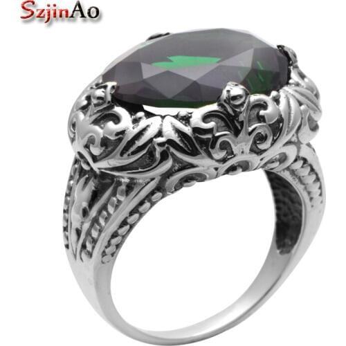 Szjinao Wholesale Custom Green Stone Emerald Jewelry Fashion Genuine 925 Sterling Silver Rings for Women Wholesale