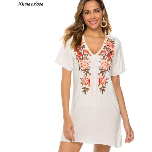 Khalee Yose Floral Embroidery Mini Dress White Summer Holiday Women Dresses Cotton Casual Chic 23XL Plus Size Boho Ladies Dress